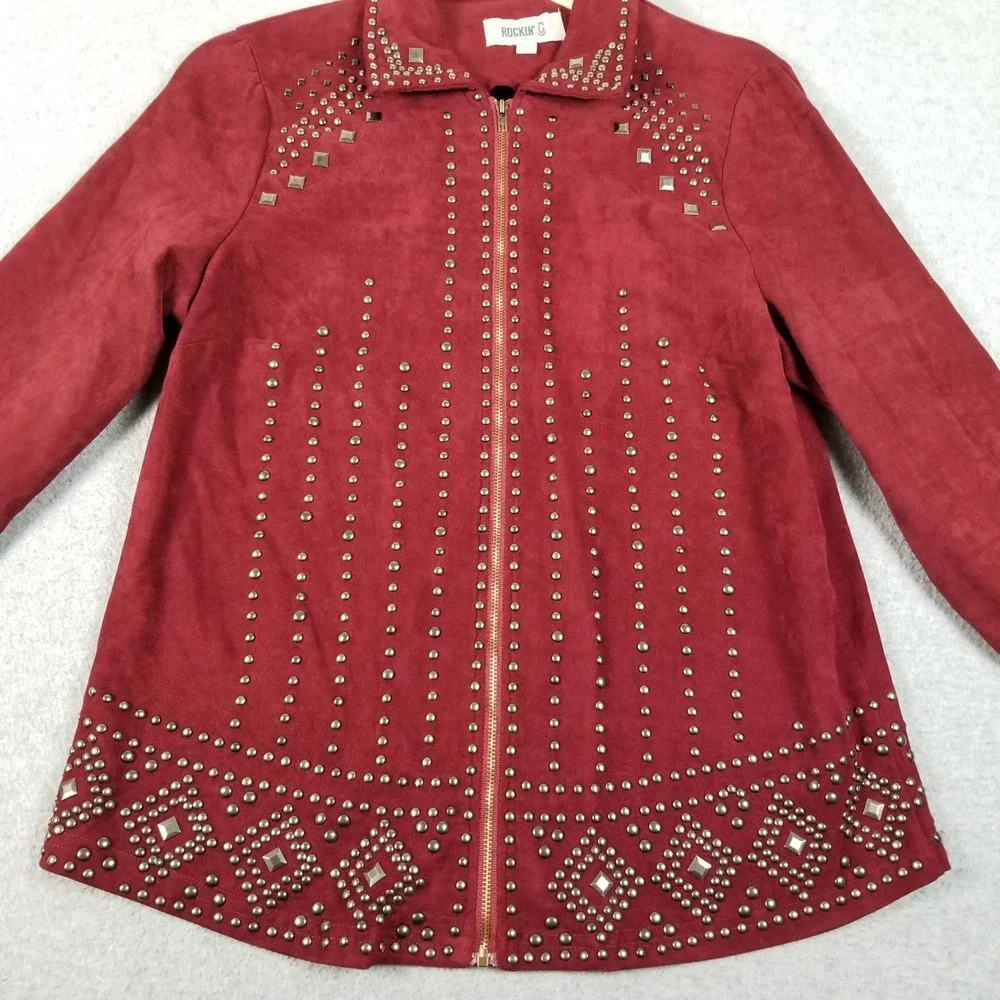 Rockin' C Jacket Women's Large L Red Studded Faux Suede Western Thunderbird Bell